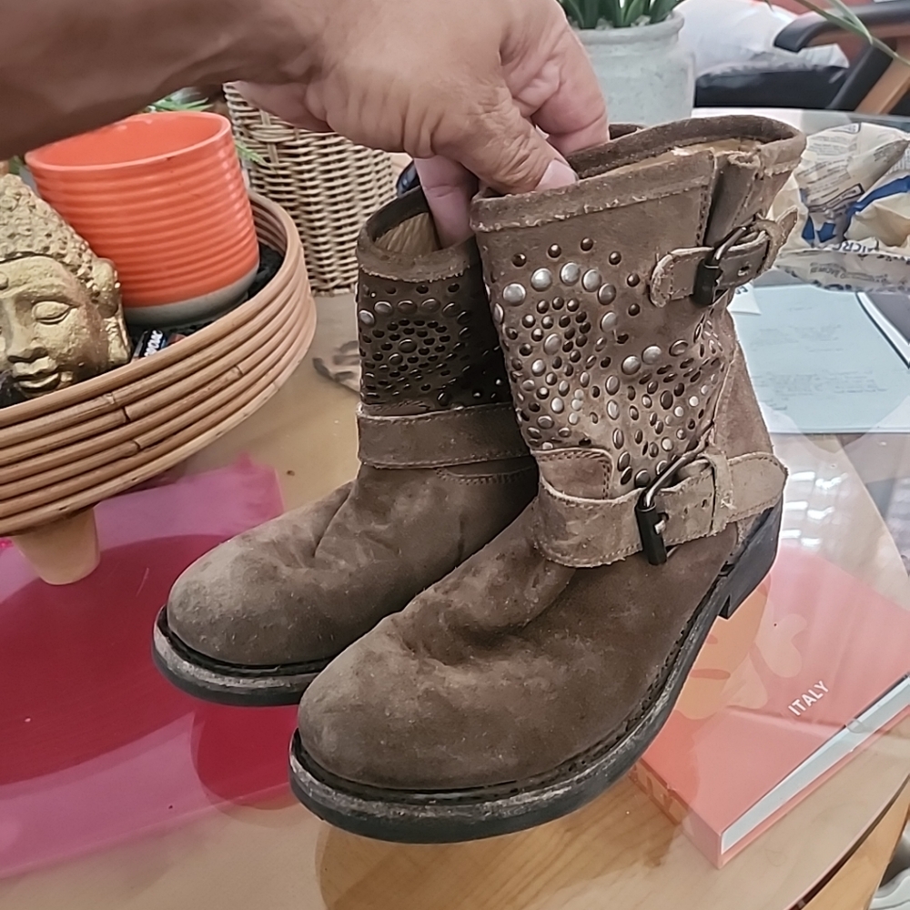 ASH Nubuck Brown Leather Studs Moto Biker Boots Sz 37 usa 6.5